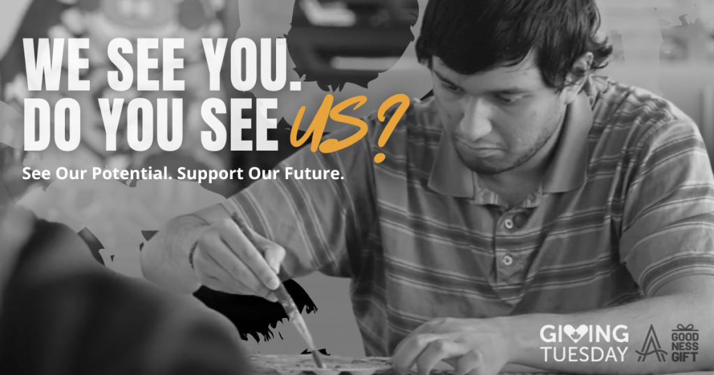 A student from SAAAC Autism Centre’s art program paints with focus during a class session. Text on the image reads “We See You. Do You See Us? See Our Potential. Support Our Future.” with the Giving Tuesday and Goodness Gift logos.