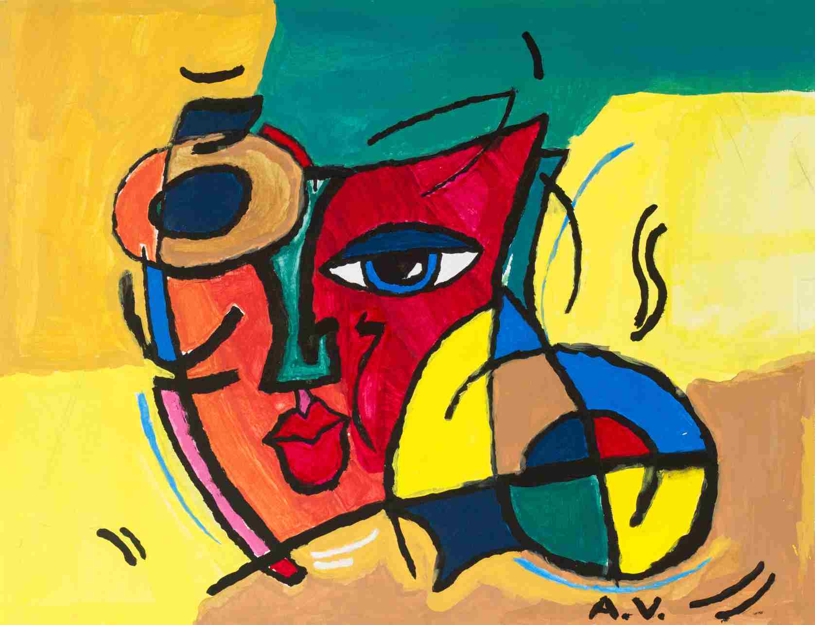 This is a painting by Akilan. The painting appears to be a vibrant and colorful abstract piece. It features bold, interlocking shapes and contrasting colors that create a fragmented, face-like structure. Dominant hues of yellow, red, and blue are accented with touches of green and black lines. The composition suggests a cubist influence, with geometric forms that might represent facial features—such as an eye, lips, and possibly a nose—though these elements are highly stylized and abstracted. The background is divided into blocks of color, giving the impression of a patchwork.