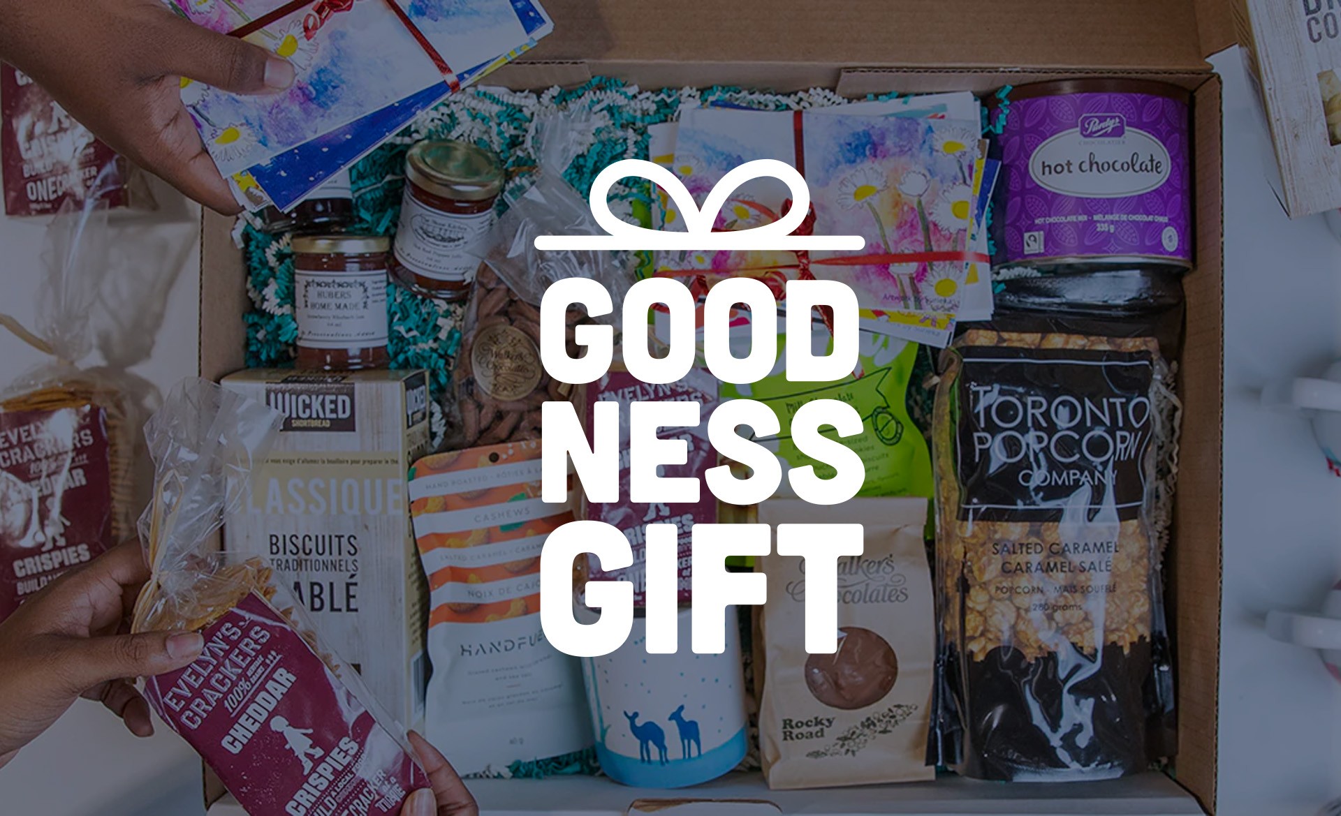 Goodness Gift logo overlaid on top of gift box full of food and gift items