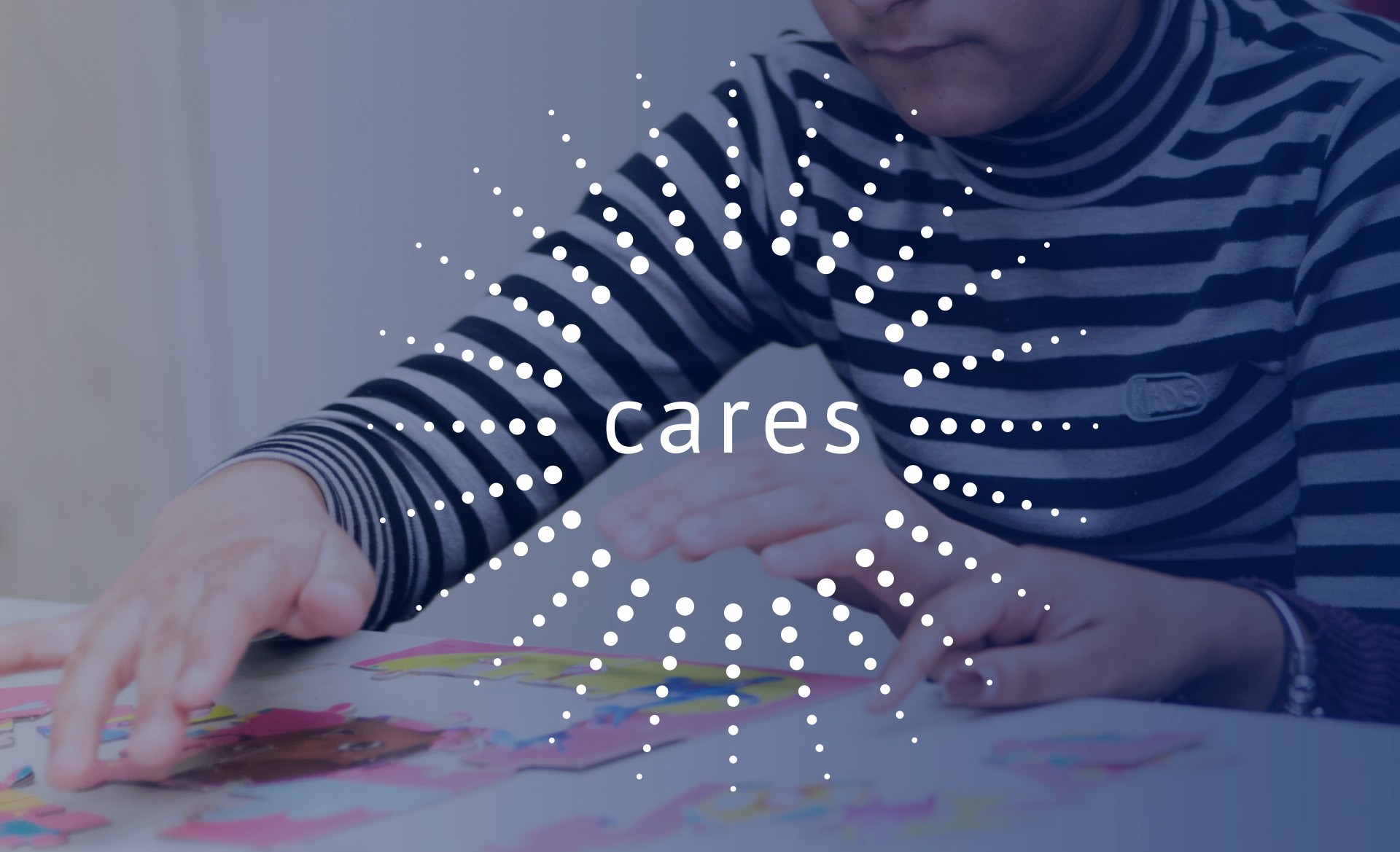 The CARES logo overlaid on a young person working at a table