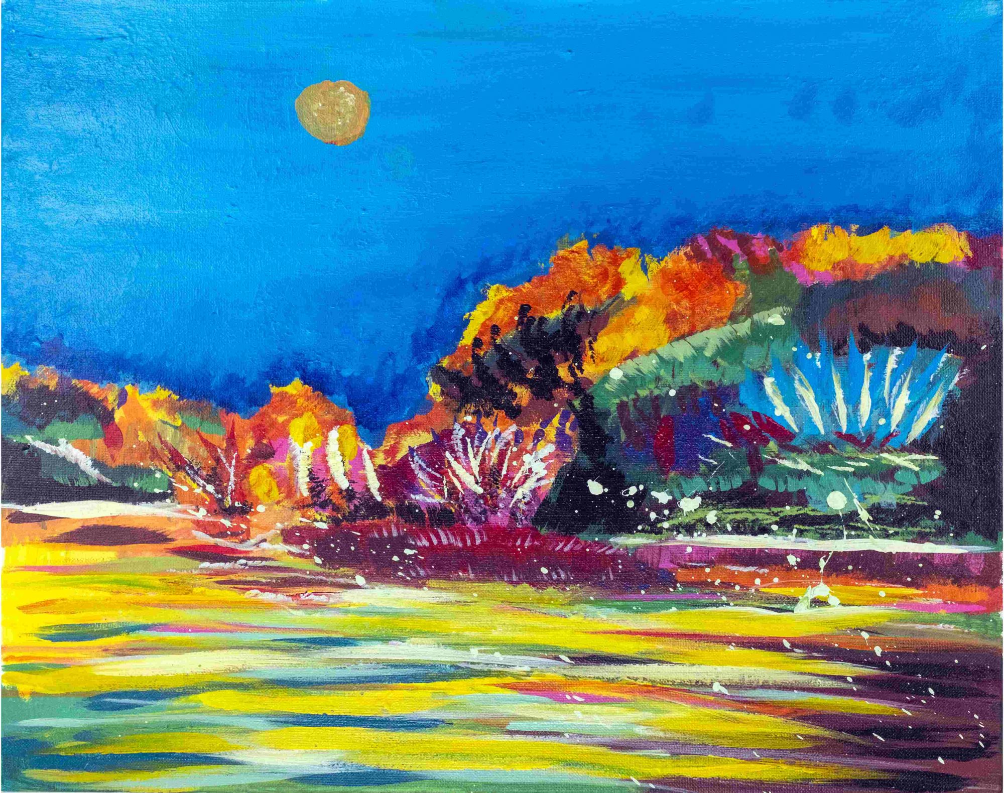 This painting is done by Phavizan from SAAAC. This is a vivid and expressive painting featuring a landscape at night. The sky is a deep blue, transitioning to black at the top, with a textured golden moon hanging low. Below, the horizon is ablaze with fiery colors—reds, oranges, and yellows—suggestive of trees or bushes in an autumnal or perhaps even ablaze state. In the foreground, there's a body of water reflecting these vibrant colors, with streaks of yellow, white, pink, and a hint of green, indicating ripples or currents on the water's surface. The brushwork is loose and dynamic, adding a sense of movement and wildness to the scene.