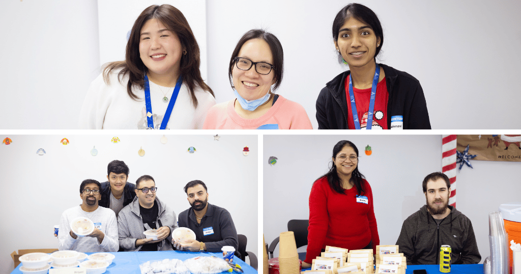 A collage featuring various Goodness Gift staff and autistic learners posing at SAAAC's Holiday Market. The top image shows three smiling team members wearing volunteer badges. The middle image captures four individuals seated at a table with food items they prepared. The bottom image highlights two team members at a booth with packaged goods on display, ready to welcome visitors.