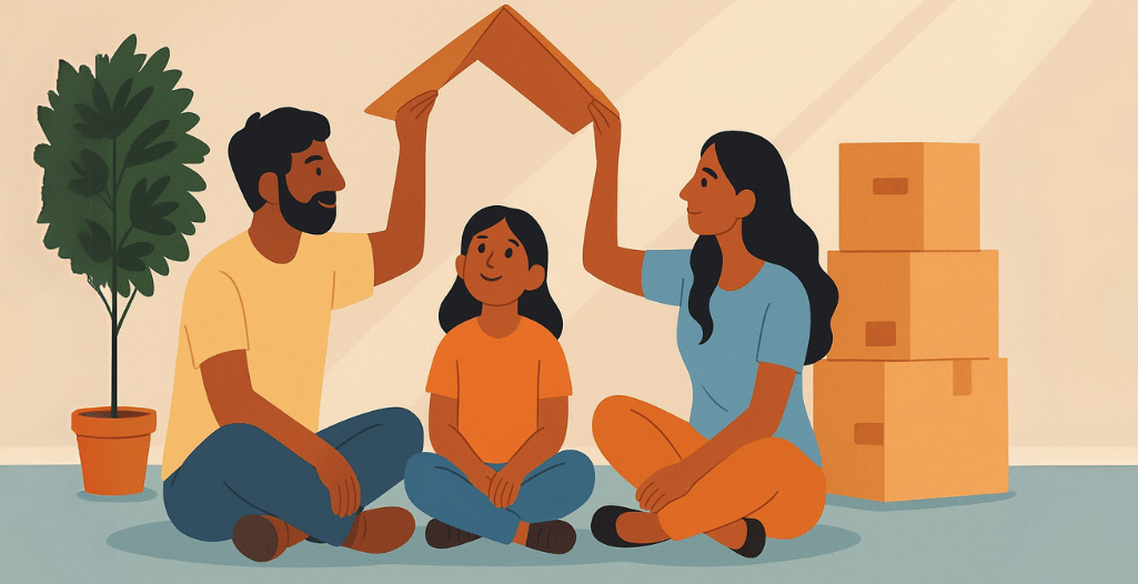 Illustrated image of a family of three—father, mother, and daughter—sitting on the floor in a new home. The parents are holding a piece of cardboard shaped like a roof over their daughter's head, symbolizing care and protection. Surrounding them are stacked moving boxes and a potted plant, with soft natural light filling the room.