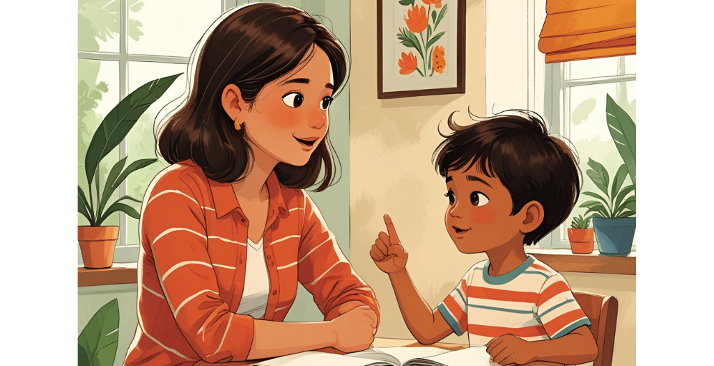 Illustrated scene of a mother and young son sitting at a table with an open book, smiling and engaging in conversation in a cozy room with plants and sunlight.