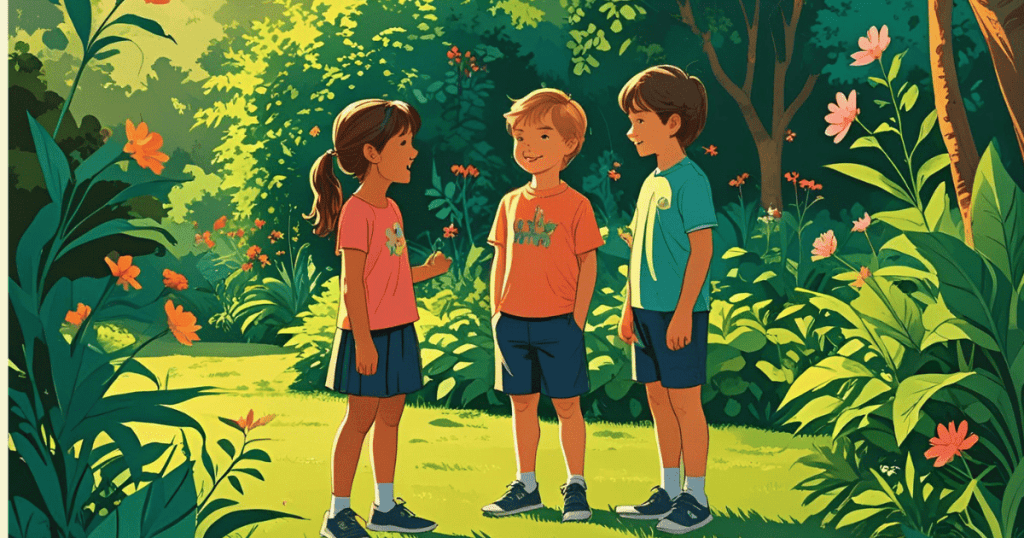 Illustrated scene of three children standing in a garden, smiling and talking together among green plants and colorful flowers on a sunny day.