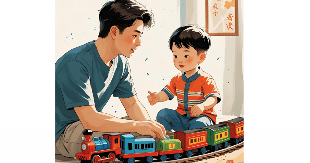 Illustrated scene of a father and young son playing together with a colorful toy train set on the floor, sharing a warm and engaging bonding moment.