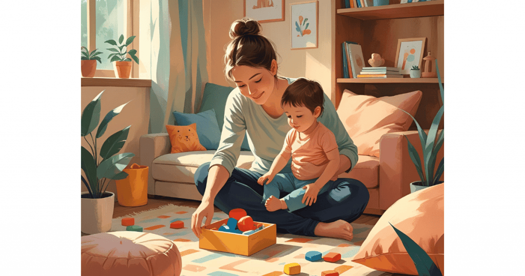 Illustrated scene of a mother sitting on the floor with her toddler, playing with colorful shape blocks in a cozy living room filled with plants and soft light.