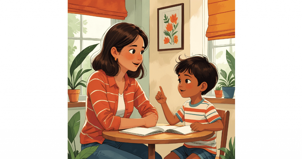 Illustrated scene of a mother and young son sitting at a table with an open book, smiling and engaging in conversation in a cozy room with plants and sunlight.