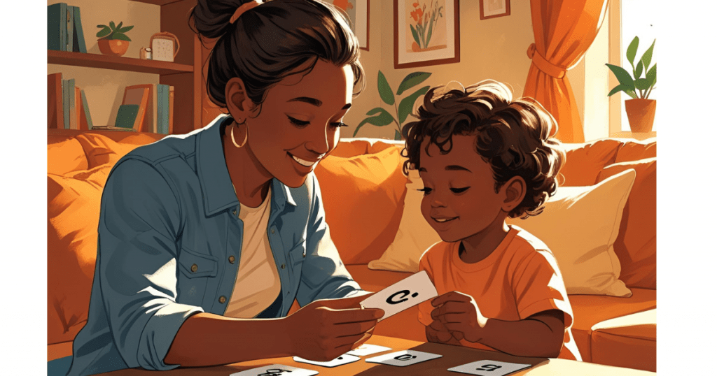 Illustrated scene of a smiling mother and young child sitting together on a couch, using flashcards to practice letters in a warm, cozy living room.
