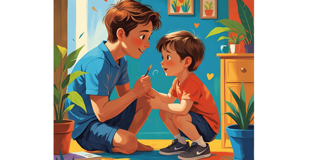 Illustrated scene of an older brother kneeling down and smiling while helping his younger brother, creating a warm and supportive sibling moment in a colorful room with plants and drawings on the wall.