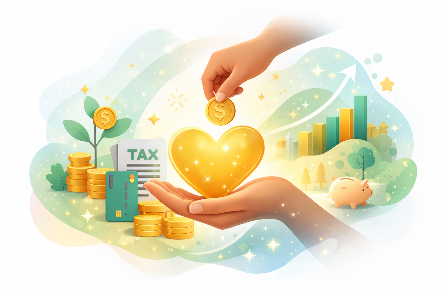 Abstract illustration showing hands giving to a heart, with coins and financial symbols representing thoughtful year-end charitable giving