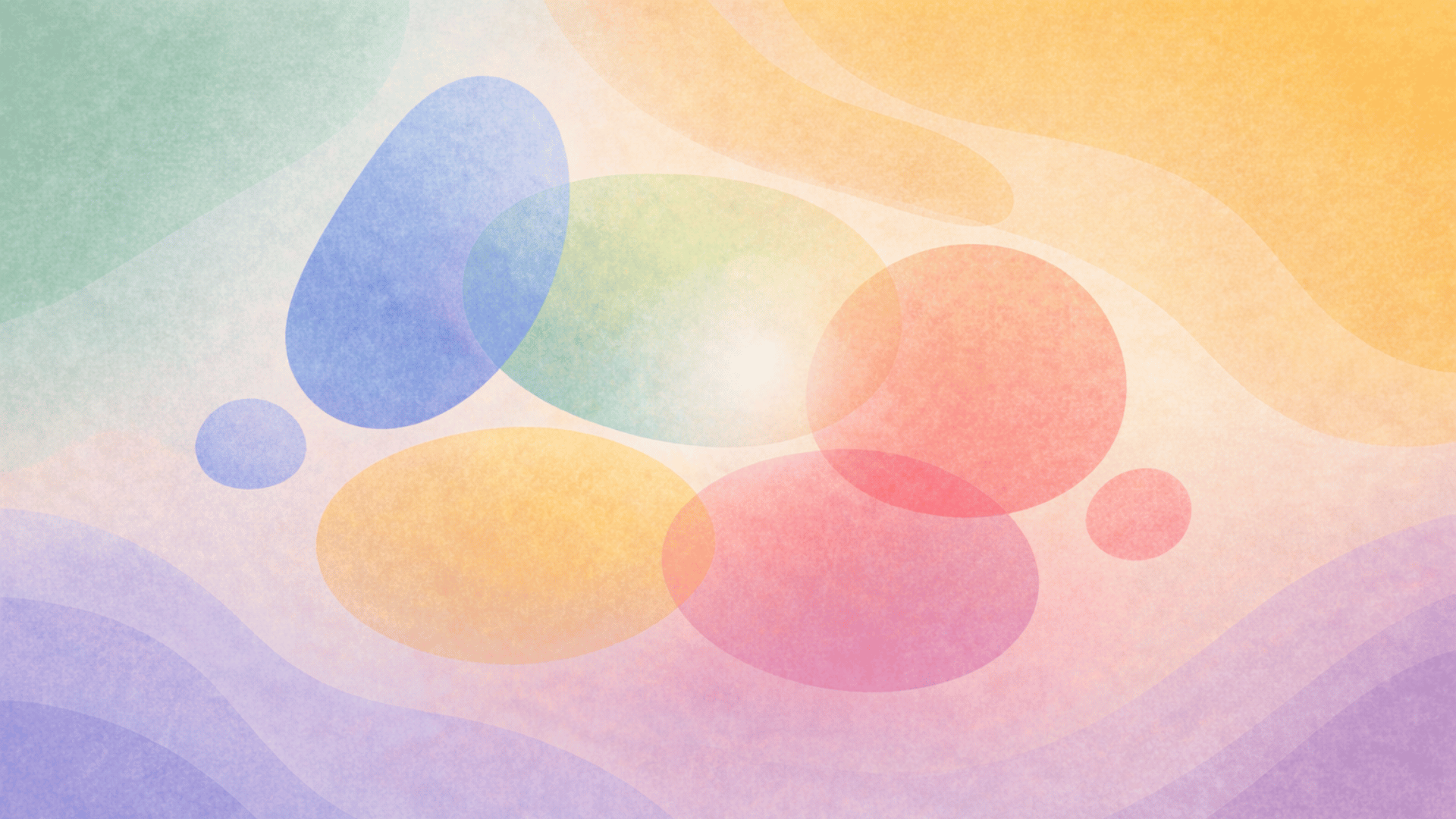 Abstract, text-free illustration featuring overlapping organic shapes in blue, green, yellow, and red, set against a flowing pastel background. The soft gradient and layered forms create a calming, harmonious visual tone.