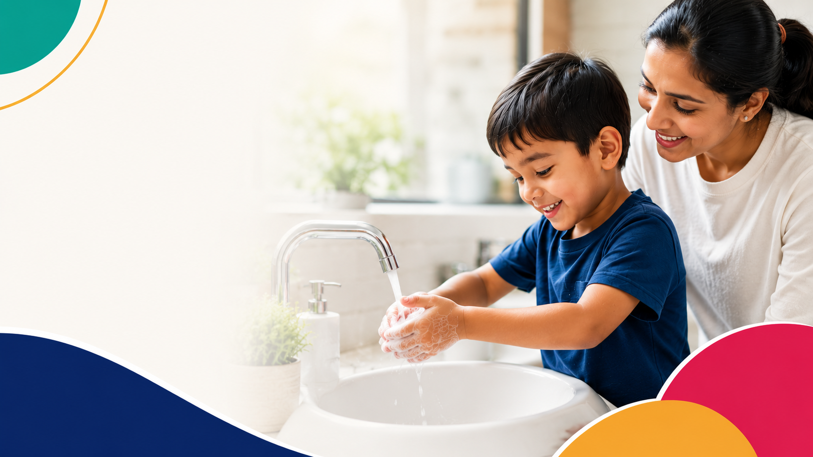 A caregiver smiles while supporting a young child as they wash their hands at a bathroom sink, representing everyday learning, confidence, and independence.