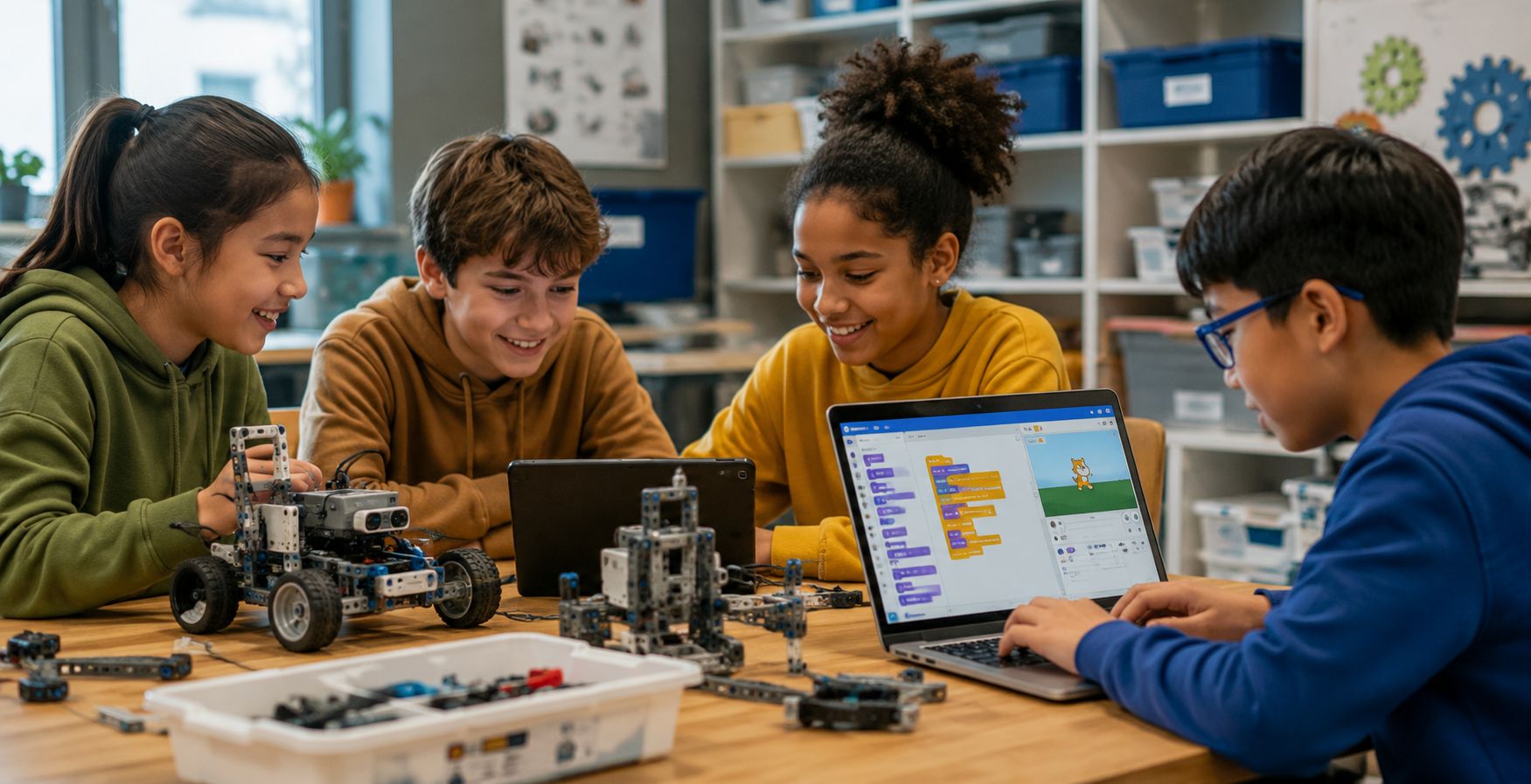 Four children work together around a table in a bright classroom, building robots and using a laptop and tablet for coding activities. The group appears engaged and collaborative as they explore robotics, programming, and problem-solving skills.