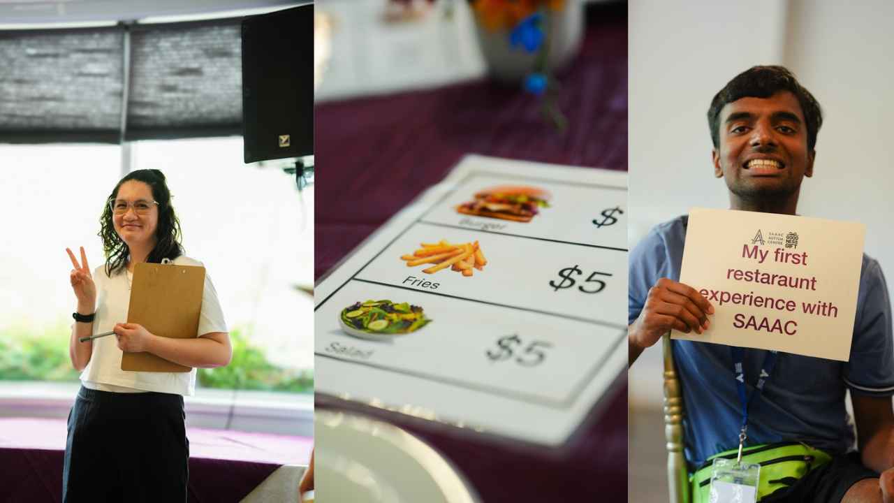 Living’N’Learning participant smiling while holding a “My first restaurant experience with SAAAC” sign, alongside an adaptive restaurant menu and a program staff member at JC’s Banquet Hall.